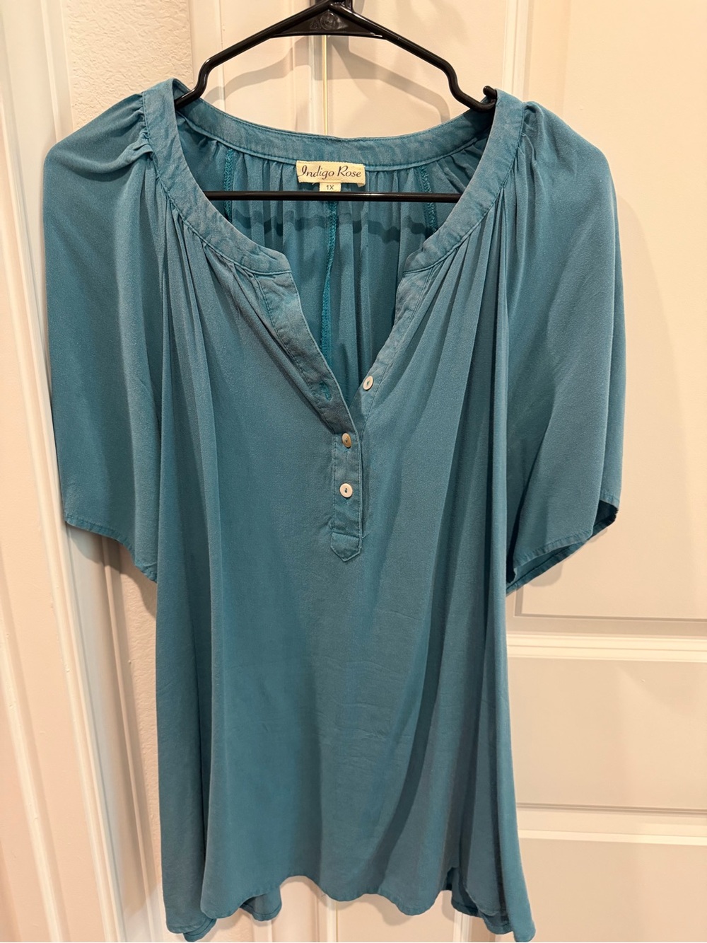 Indigo Rose Teal Pullover Henley Blouse